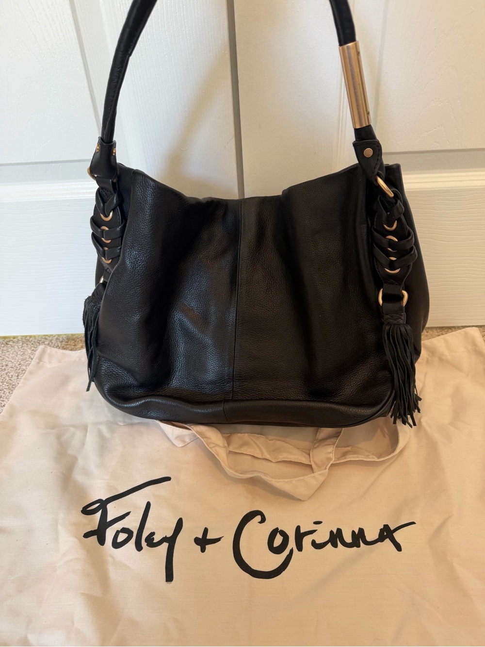 Foley + Corinna Black Pebbled Leather Slouchy Hobo Bag Braided Tassel Rose Gold